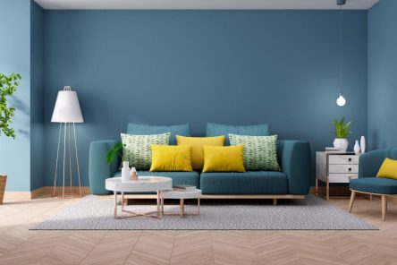 modern-vintage-interior-living-room-blueprint-home-decor-concept-green-couch-with-marble-table-blue-wall-hardwood-flooring-3d-render